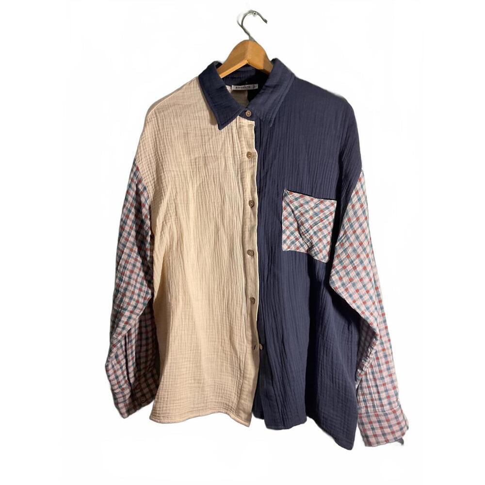 Staccato Boho  Colorblock Oversized Button-Up Shirt with Plaid Large